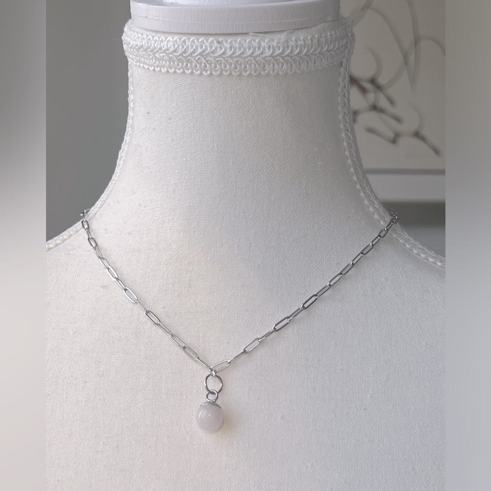 Rose Quart pendant on a Stainless steel Paperclip Chain